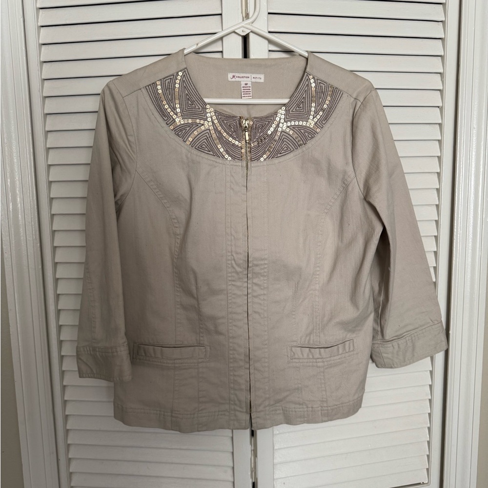 JM Collection Beige Utility Jacket with Embellished Neckline